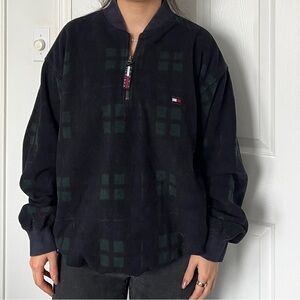 Vintage Tommy Hilfiger Men's Dark Checkered Zip-Up Fleece Sweater